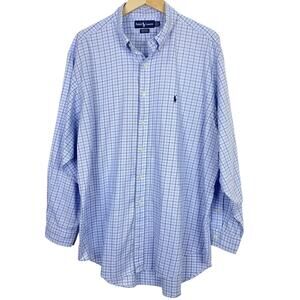 Ralph Lauren Yarmouth Blue Plaid Button Down Shirt Mens 17.5 -34/35 Long Sleeve